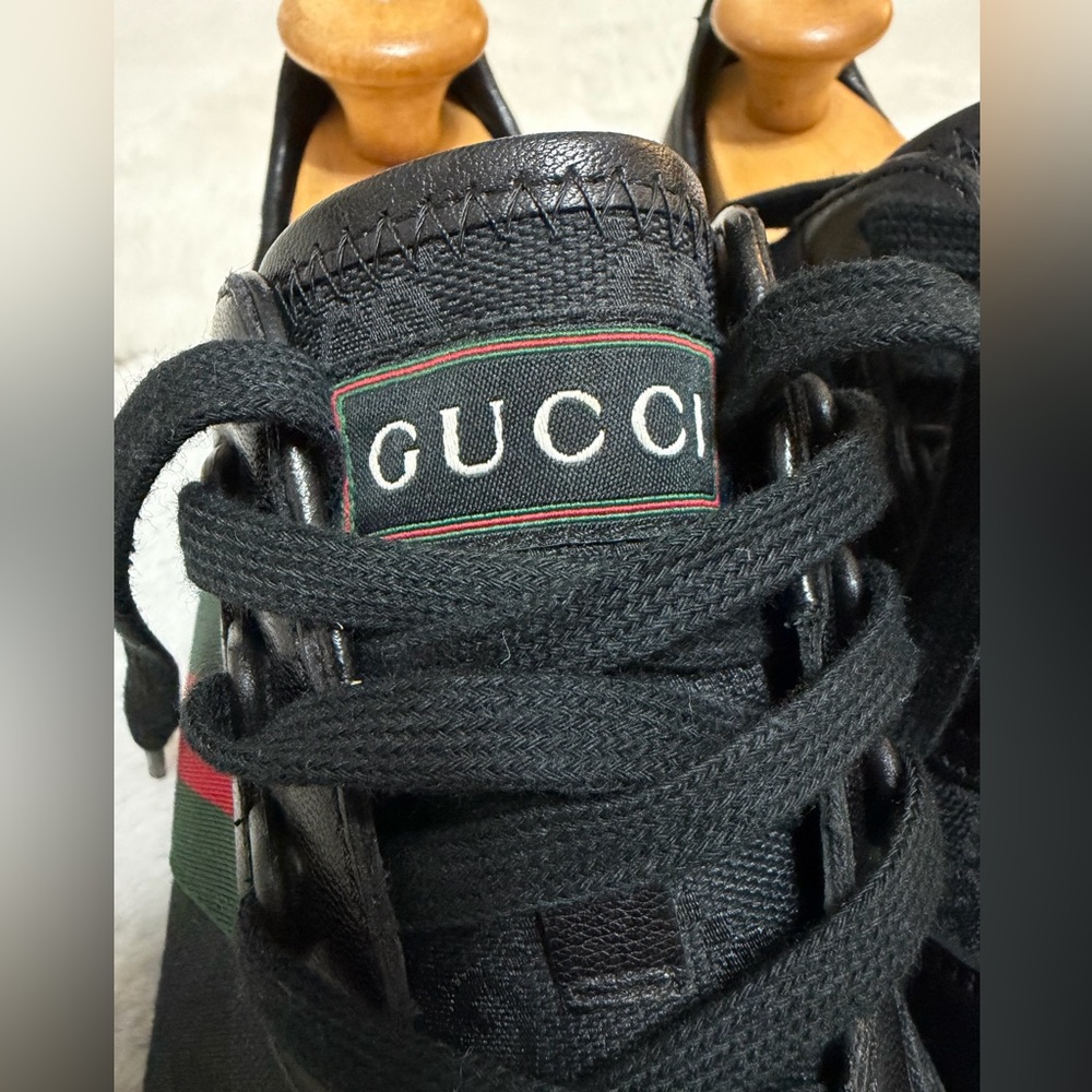 Gucci Ace Black Leather Canvas Signature Red Stripe Low Tennis Sneakers 10.5 - Picture 5 of 16